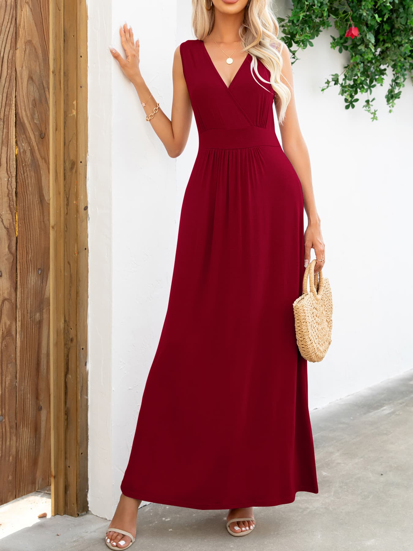 Surplice Neck Sleeveless Maxi Dress-Pimamour