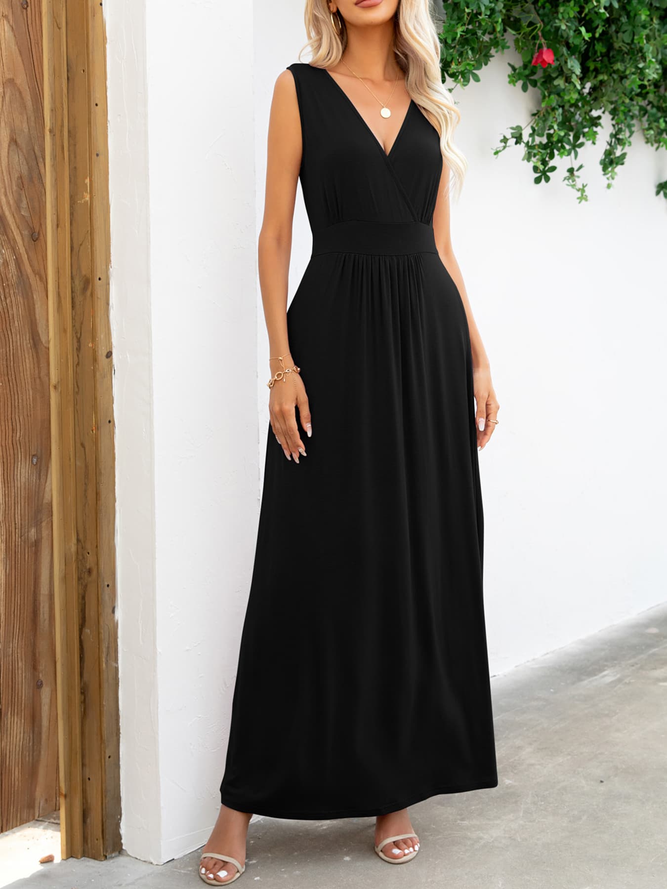 Surplice Neck Sleeveless Maxi Dress-Pimamour