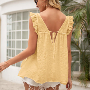 Tie Back V-Neck Ruffled Blouse-Pimamour