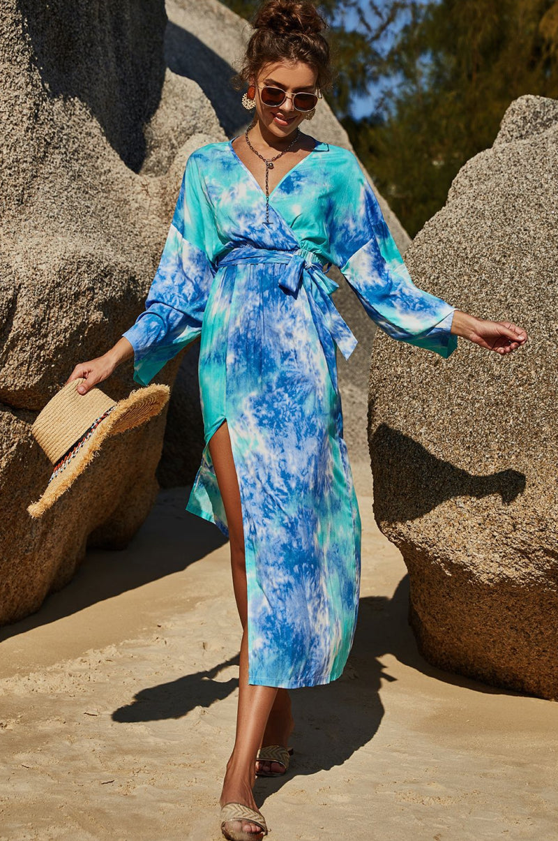 Tie Dye Wrap Maxi Dress-Pimamour