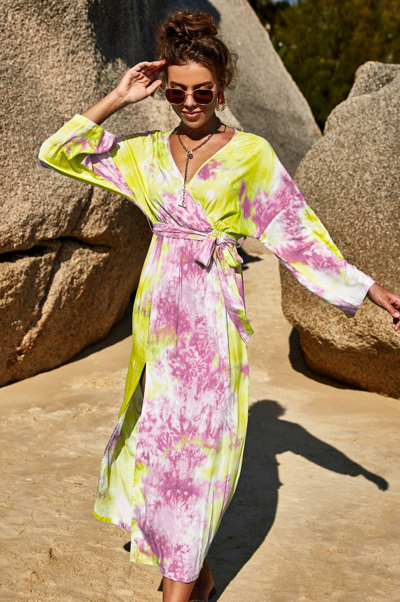 Tie Dye Wrap Maxi Dress-Pimamour