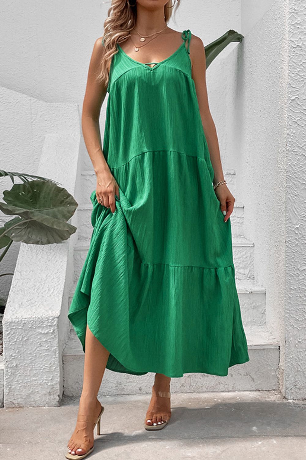 Tie-Shoulder Tiered Maxi Dress-Pimamour