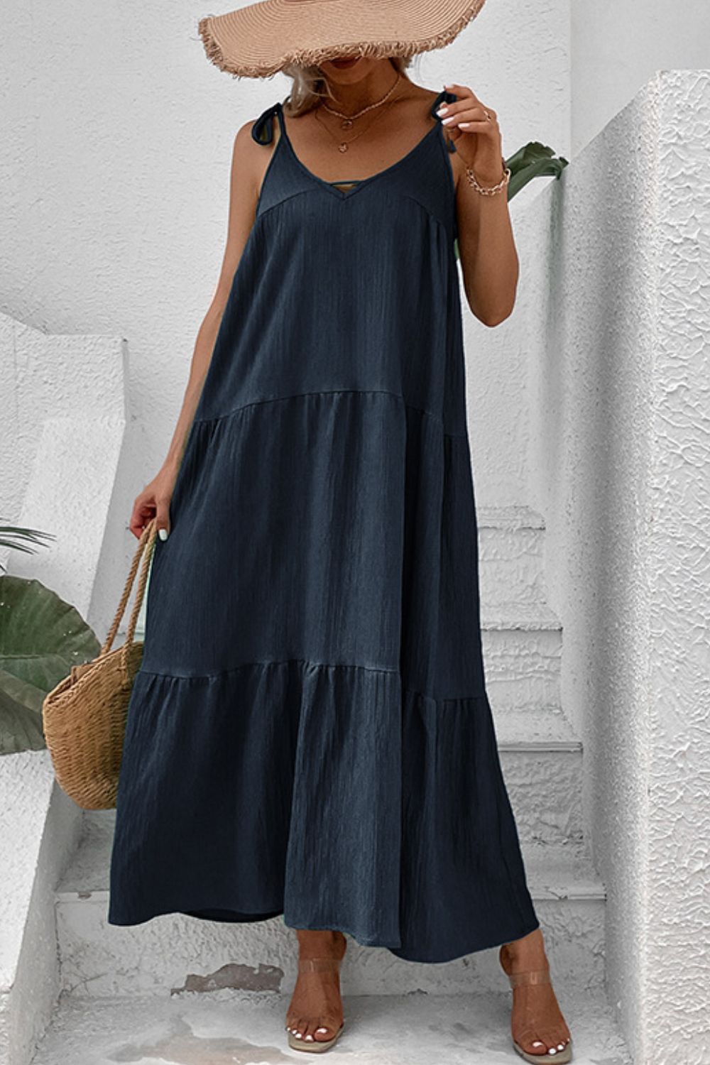 Tie-Shoulder Tiered Maxi Dress-Pimamour