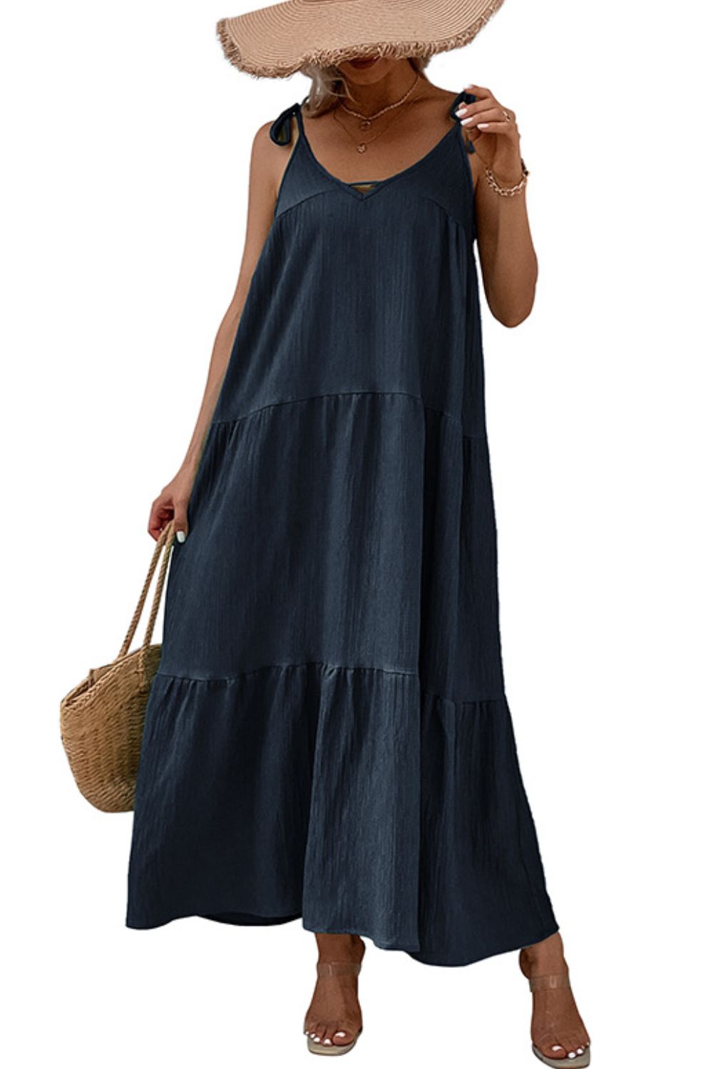 Tie-Shoulder Tiered Maxi Dress-Pimamour