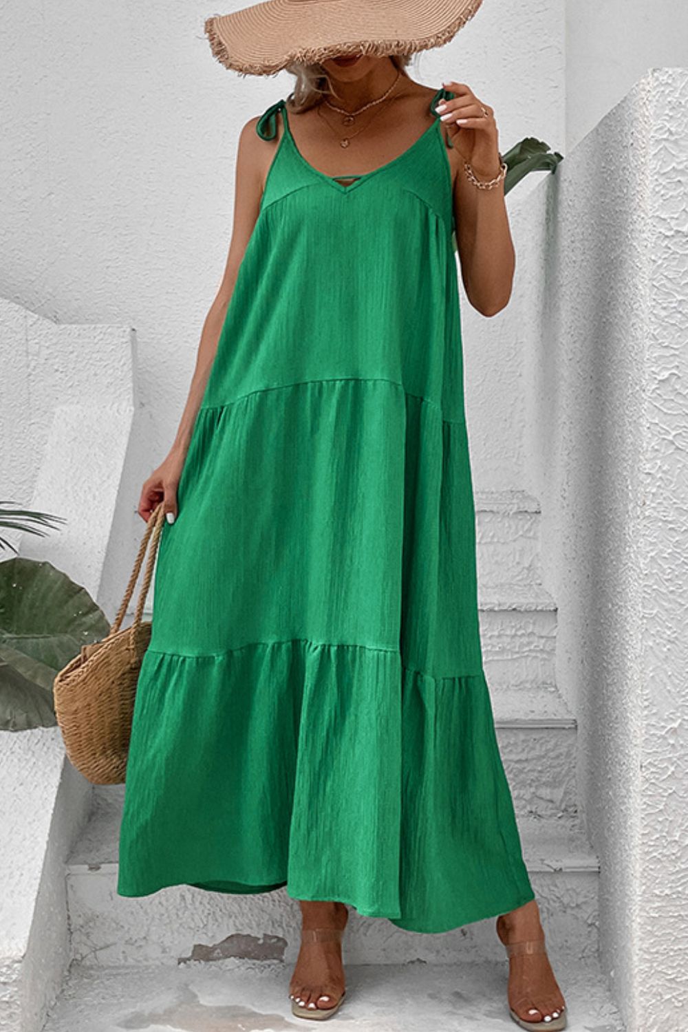 Tie-Shoulder Tiered Maxi Dress-Pimamour