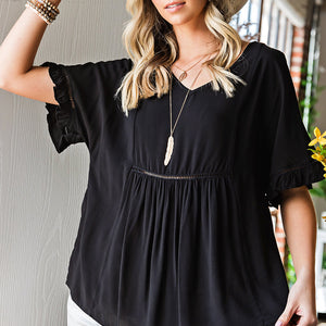 V-Neck Flounce Sleeve Babydoll Blouse-Pimamour