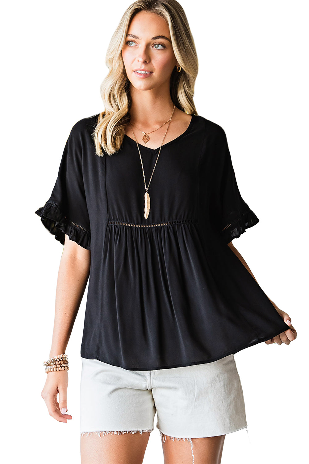 V-Neck Flounce Sleeve Babydoll Blouse-Pimamour