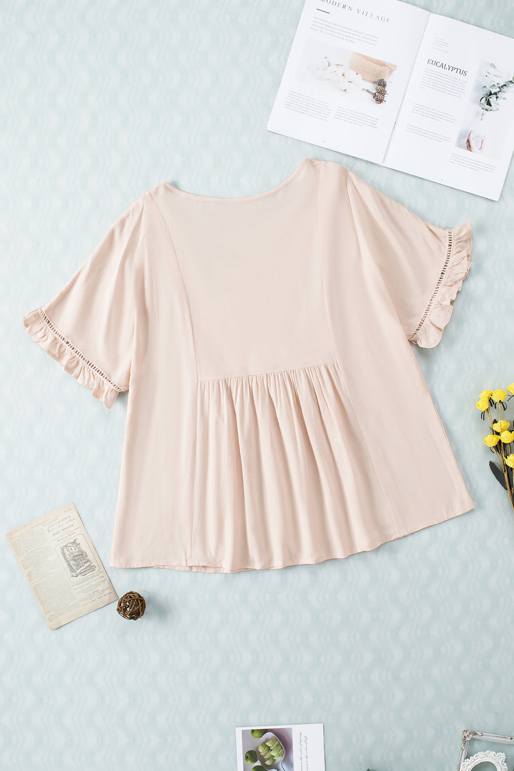 V-Neck Flounce Sleeve Babydoll Blouse-Pimamour