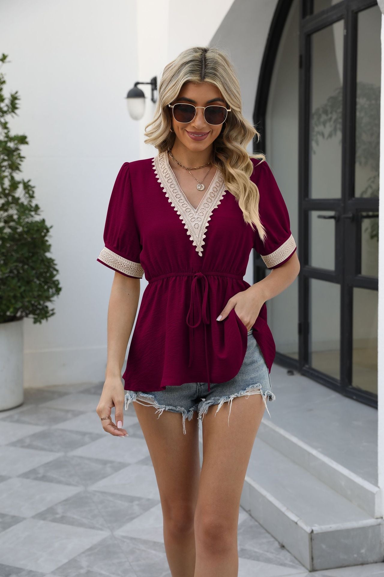 V-Neck Puff Sleeve Babydoll Top-Pimamour