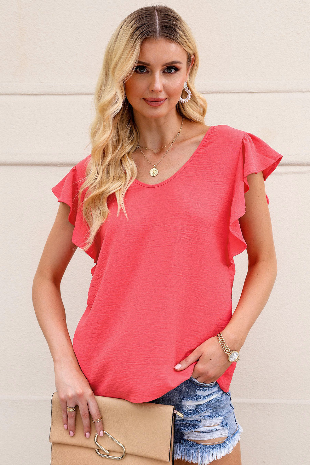 V-Neck Tied Flutter Sleeve Blouse-Pimamour