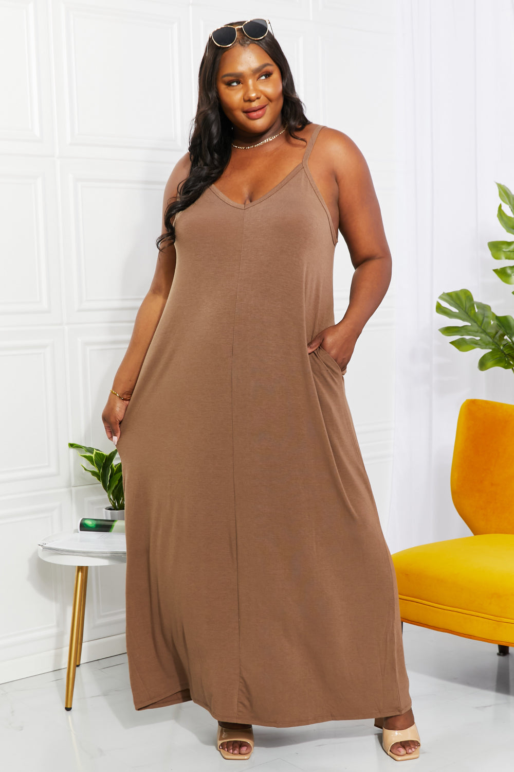 Zenana Full Size Beach Vibes Cami Maxi Dress in Mocha-Pimamour