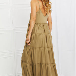 Zenana Full Size Spaghetti Strap Tiered Dress with Pockets in Khaki-Pimamour