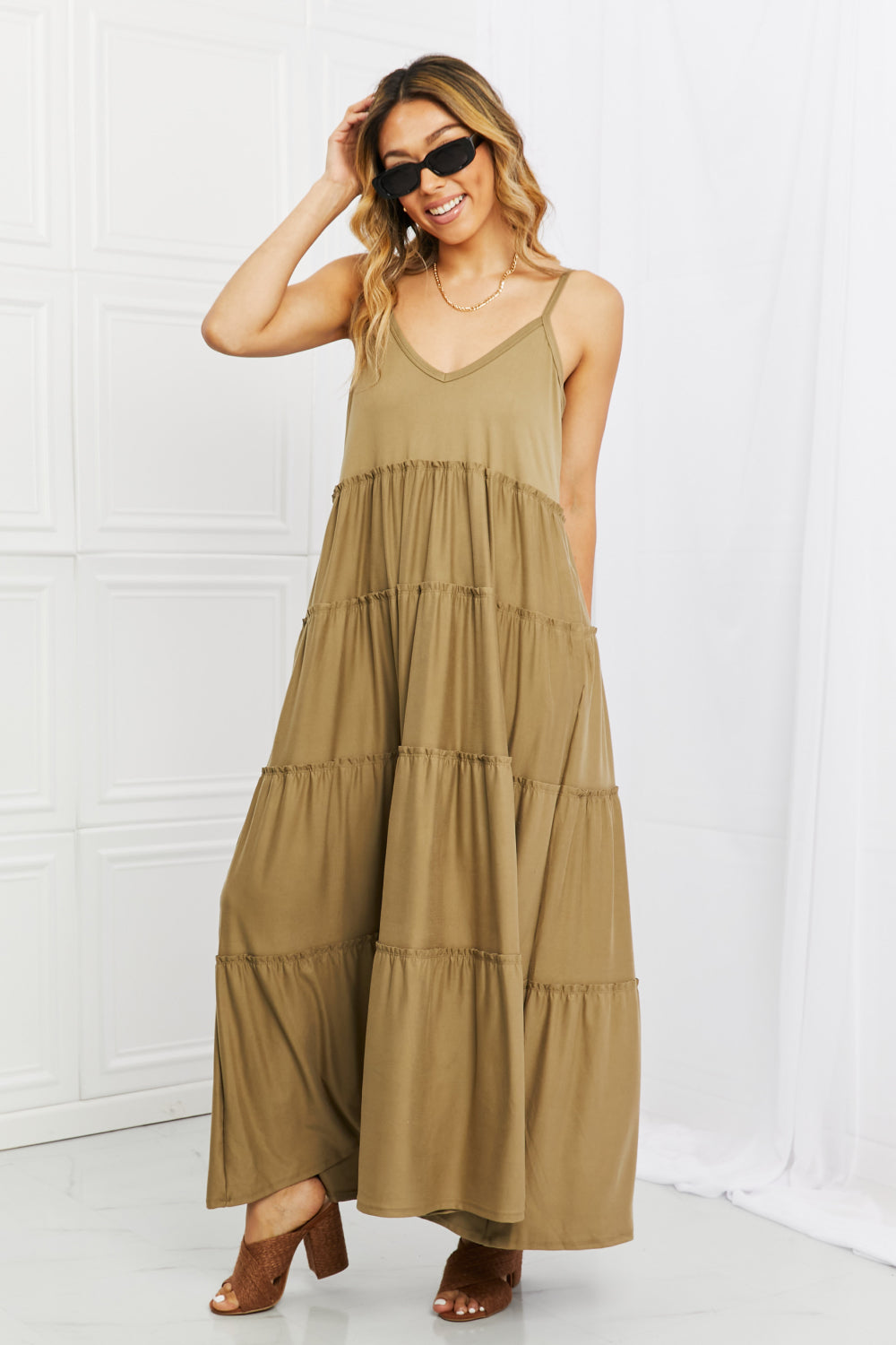 Zenana Full Size Spaghetti Strap Tiered Dress with Pockets in Khaki-Pimamour