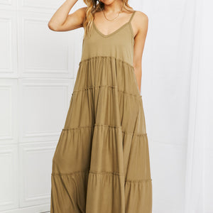 Zenana Full Size Spaghetti Strap Tiered Dress with Pockets in Khaki-Pimamour