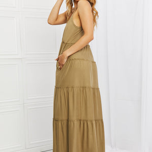 Zenana Full Size Spaghetti Strap Tiered Dress with Pockets in Khaki-Pimamour