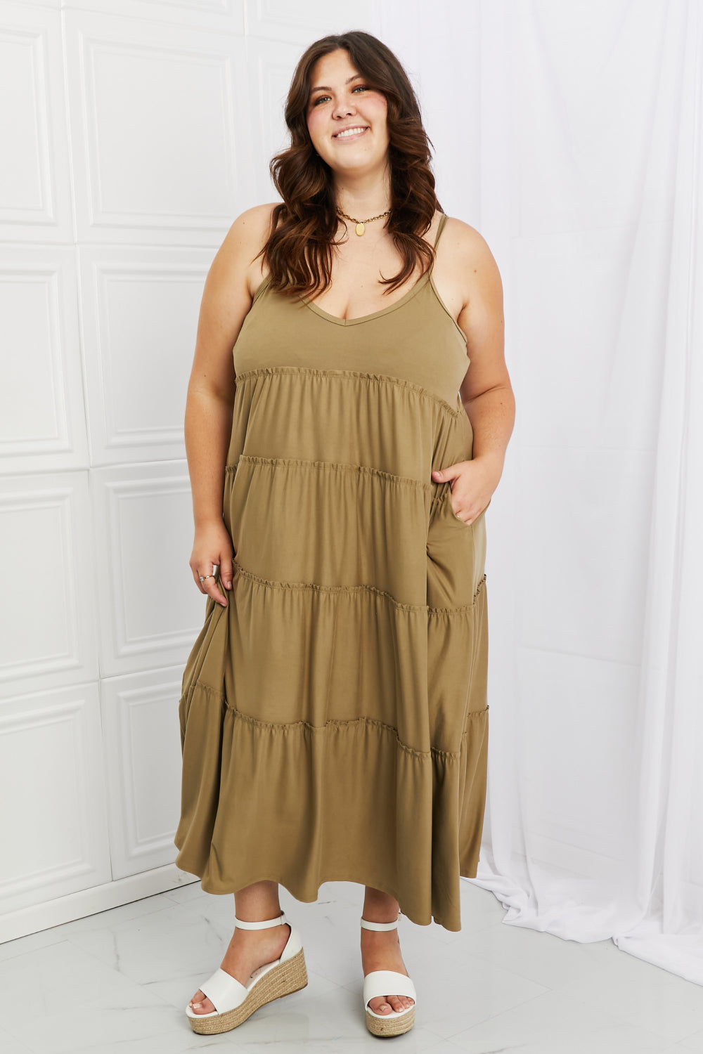 Zenana Full Size Spaghetti Strap Tiered Dress with Pockets in Khaki-Pimamour