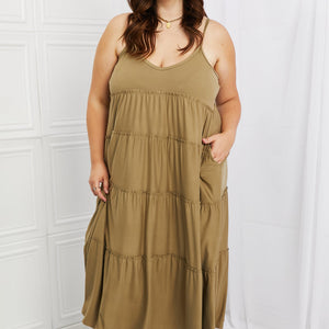 Zenana Full Size Spaghetti Strap Tiered Dress with Pockets in Khaki-Pimamour