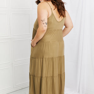 Zenana Full Size Spaghetti Strap Tiered Dress with Pockets in Khaki-Pimamour