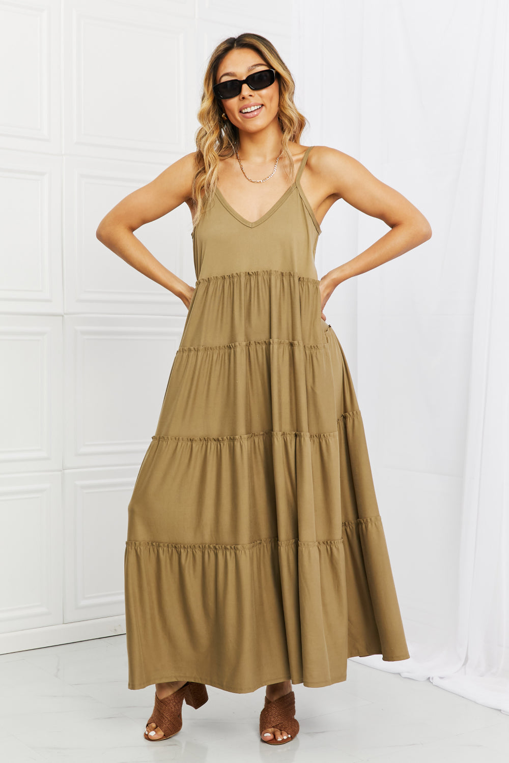 Zenana Full Size Spaghetti Strap Tiered Dress with Pockets in Khaki-Pimamour