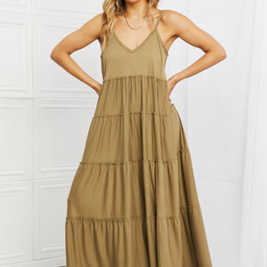 Zenana Full Size Spaghetti Strap Tiered Dress with Pockets in Khaki-Pimamour