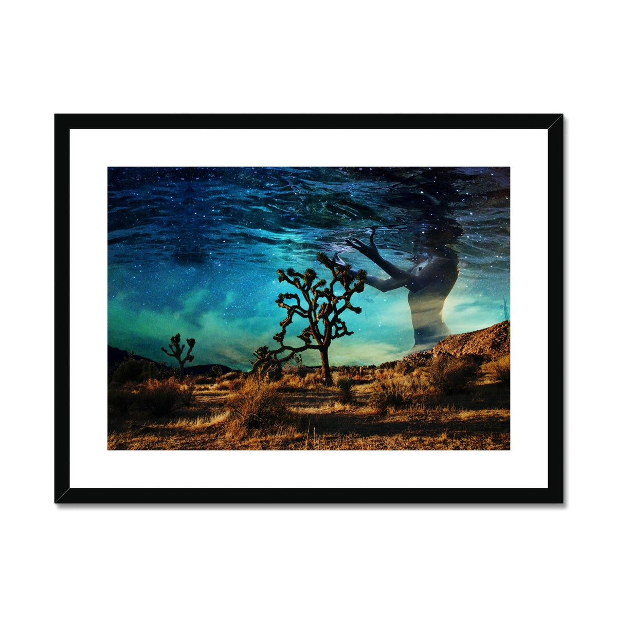 05 - Surreal dreamy poster of the protecting girl / goddess floating in the sky over the desert, wrapped in the night Color Framed & Mounted Print Pimamour Original Pimamour