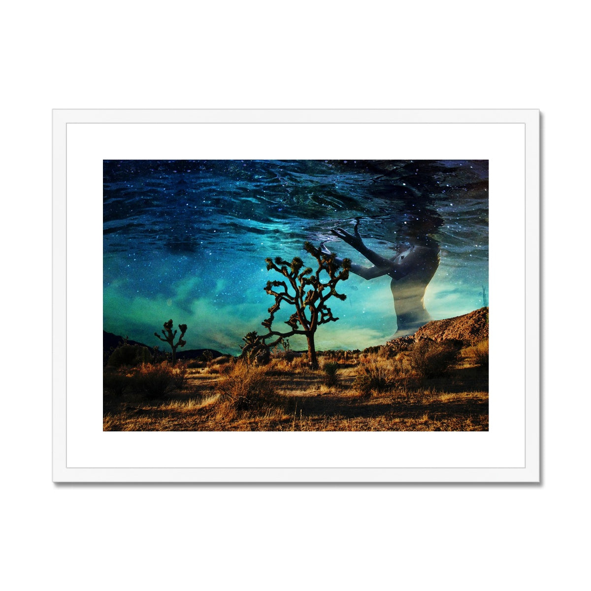 05 - Surreal dreamy poster of the protecting girl / goddess floating in the sky over the desert, wrapped in the night Color Framed & Mounted Print Pimamour Original Pimamour