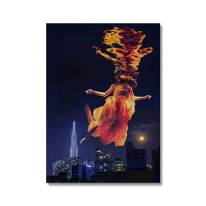 06 - Surreal dreamy poster of the protecting girl / goddess / mermaid floating in the sky over the city, wrapped in the night Color Canvas Pimamour Original Pimamour