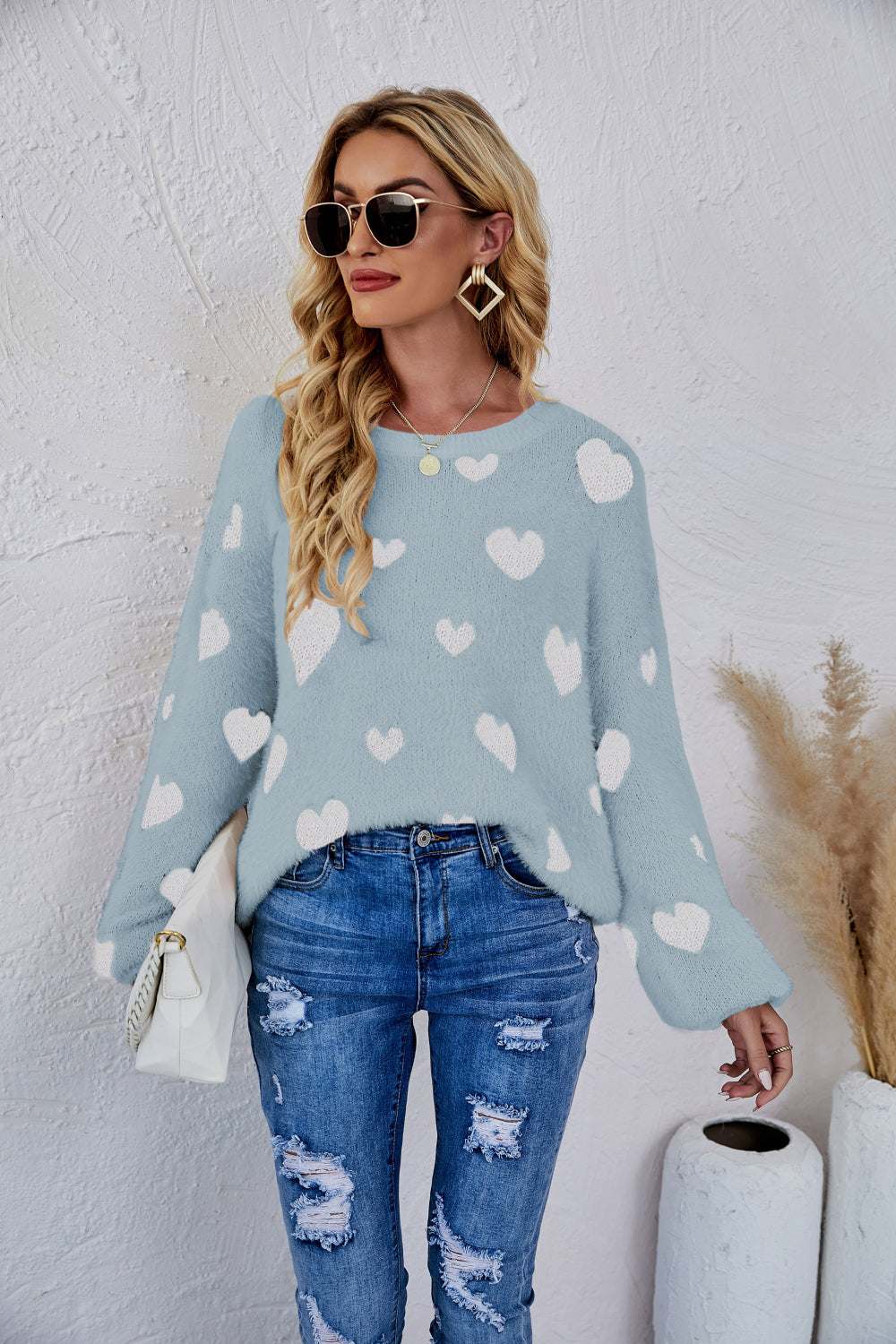 Heart Print Fuzzy Crewneck Long Sleeve Sweater Pimamour