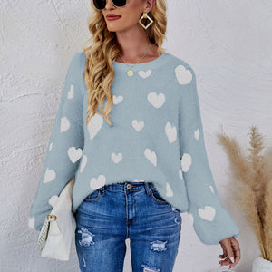 Heart Print Fuzzy Crewneck Long Sleeve Sweater Pimamour