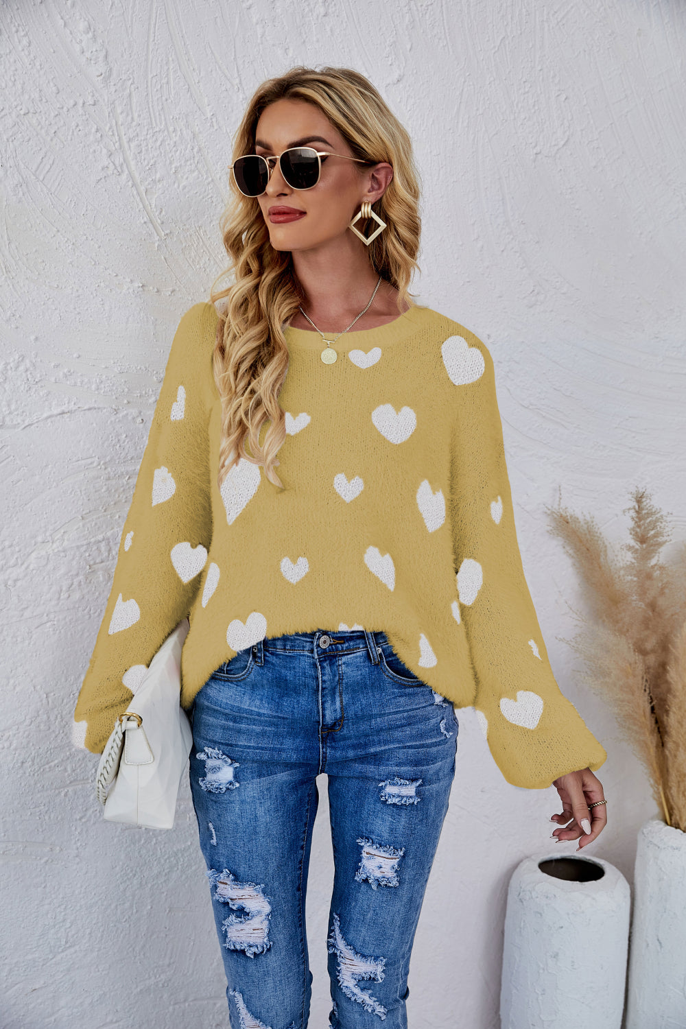 Heart Print Fuzzy Crewneck Long Sleeve Sweater Pimamour