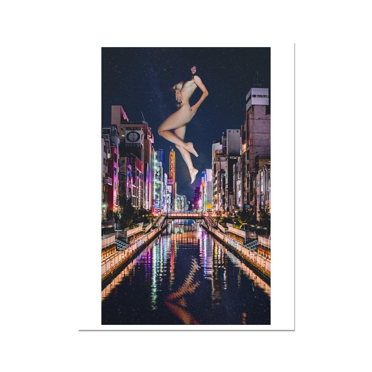 02 - Surreal dreamy poster of the protecting girl / goddess / mermaid floating in the sky over the city, wrapped in the night Color C-Type Print Pimamour Original Pimamour