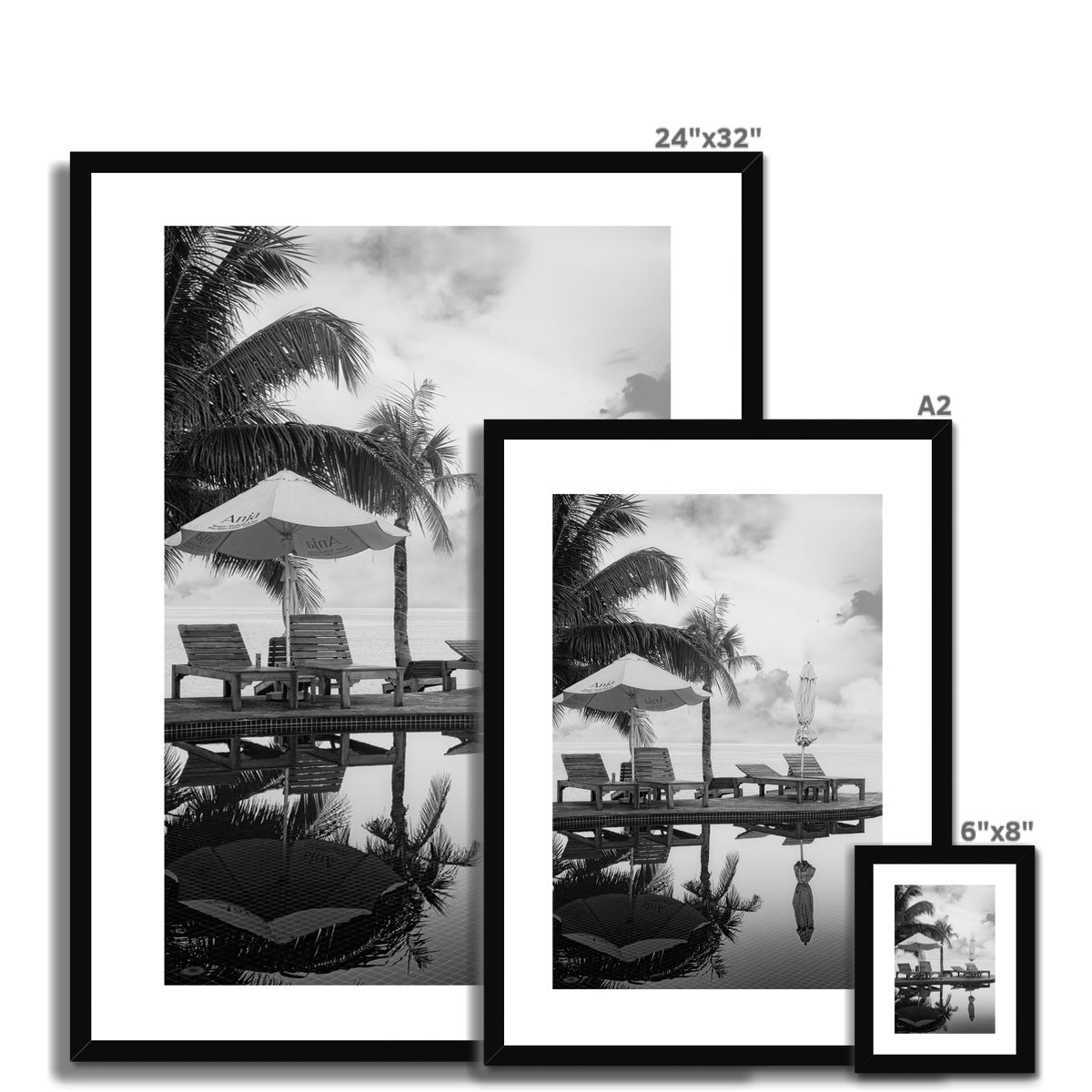 01A The lonely pool, the hidden beach and the palm tree - Black & White fine art photography print - Printed on   Framed & Mounted Print Pimamour Original Pimamour