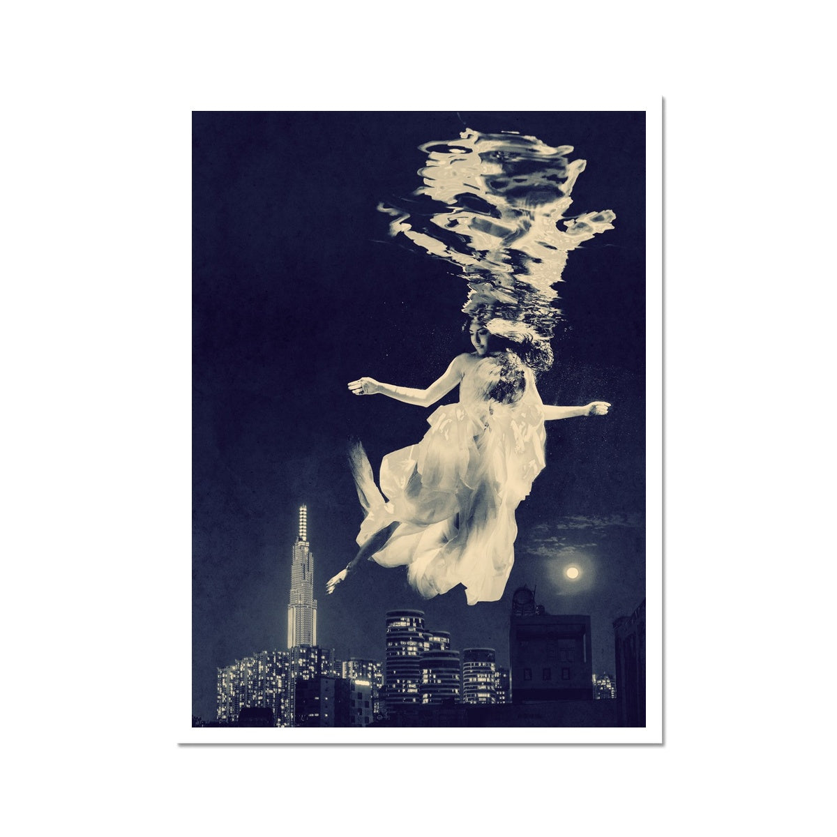 06 - Surreal dreamy poster of the protecting girl / goddess / mermaid floating in the sky over the city, wrapped in the night Brandon Photo Art Print Pimamour Original Pimamour