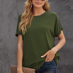 Round Neck Short Sleeve Solid Color Tee Pimamour