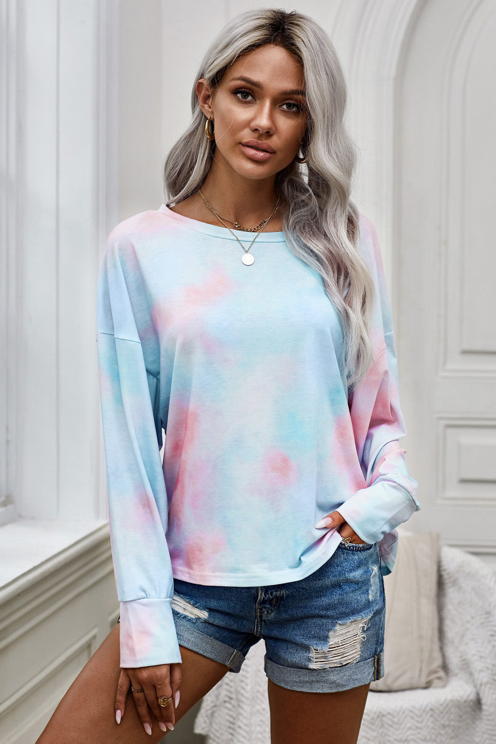 Tie-Dye Boat Neck Batwing Sleeve Tee Pimamour