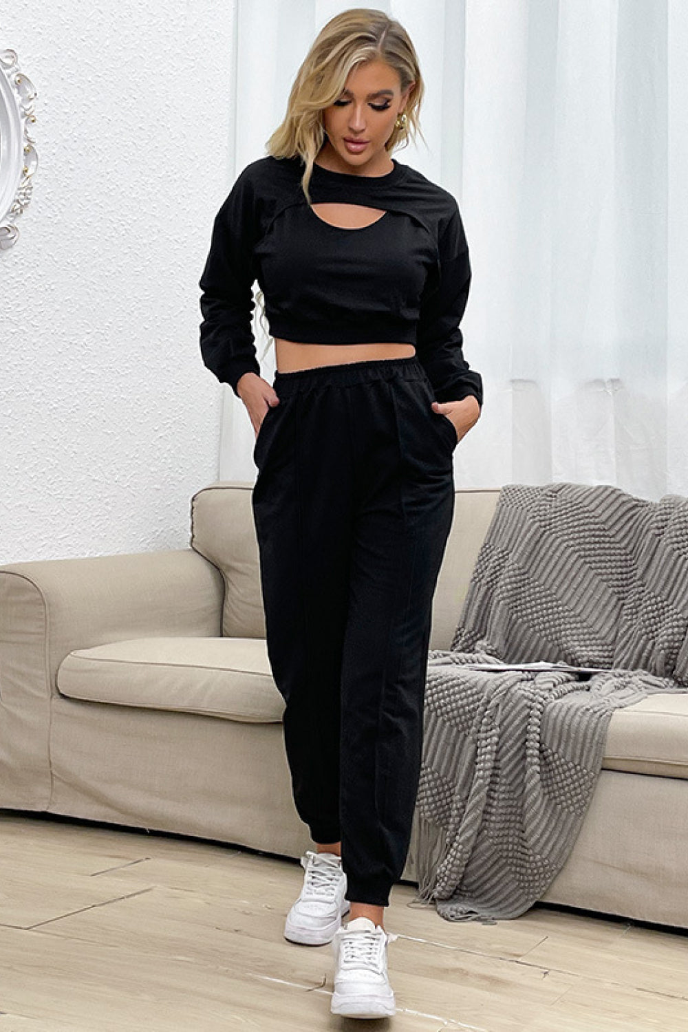 Cut Out Crop Top and Joggers Set Pimamour