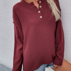 Buttoned Exposed Seam High-Low Sweater Pimamour