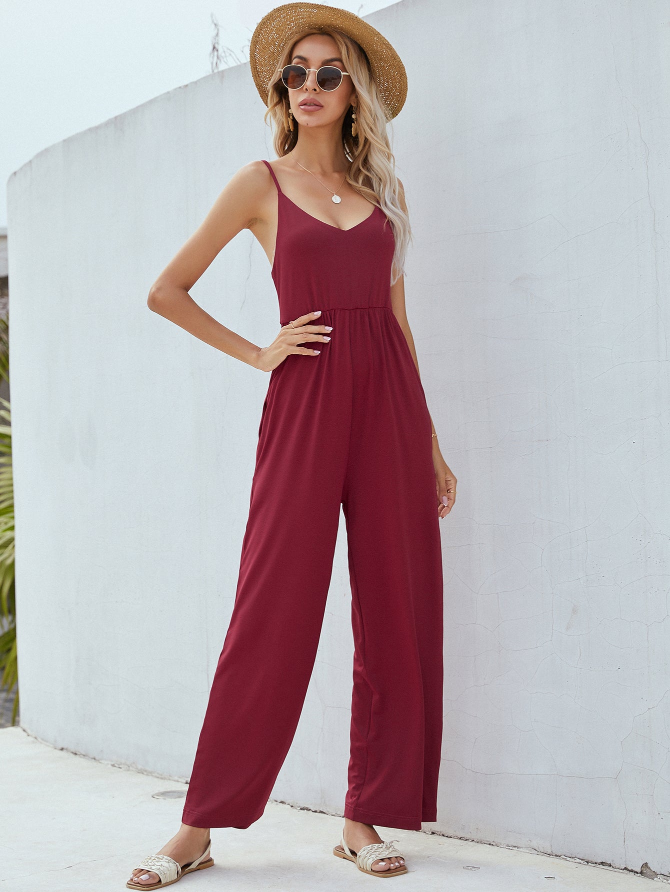 Adjustable Spaghetti Strap Jumpsuit with Pockets Pimamour