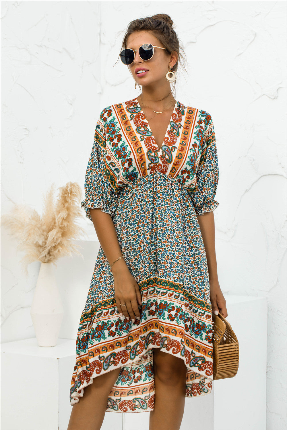 Printed Bohemian V Neck Dress Pimamour