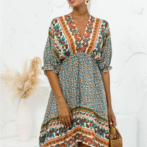 Printed Bohemian V Neck Dress Pimamour