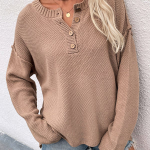 Buttoned Exposed Seam High-Low Sweater Pimamour