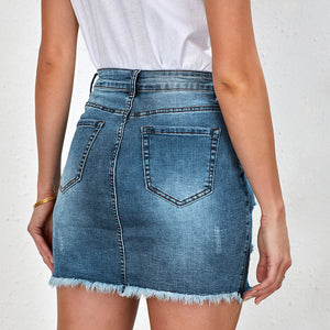 Distressed Raw Hem Denim Mini Skirt Pimamour