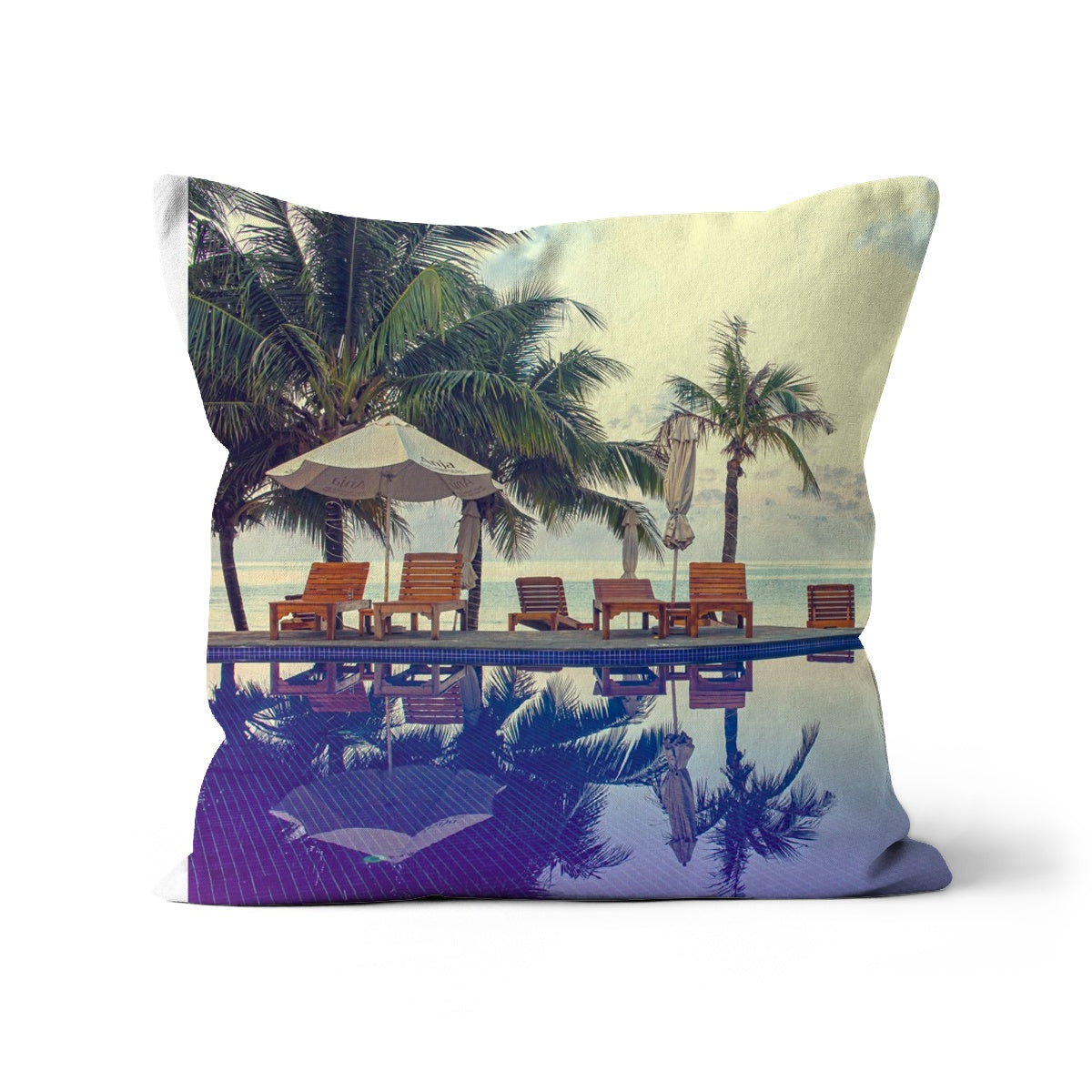 02D The lonely pool, the hidden beach and the palm tree - Color fine art photography print - Printed on  Cushion Pimamour Original Pimamour