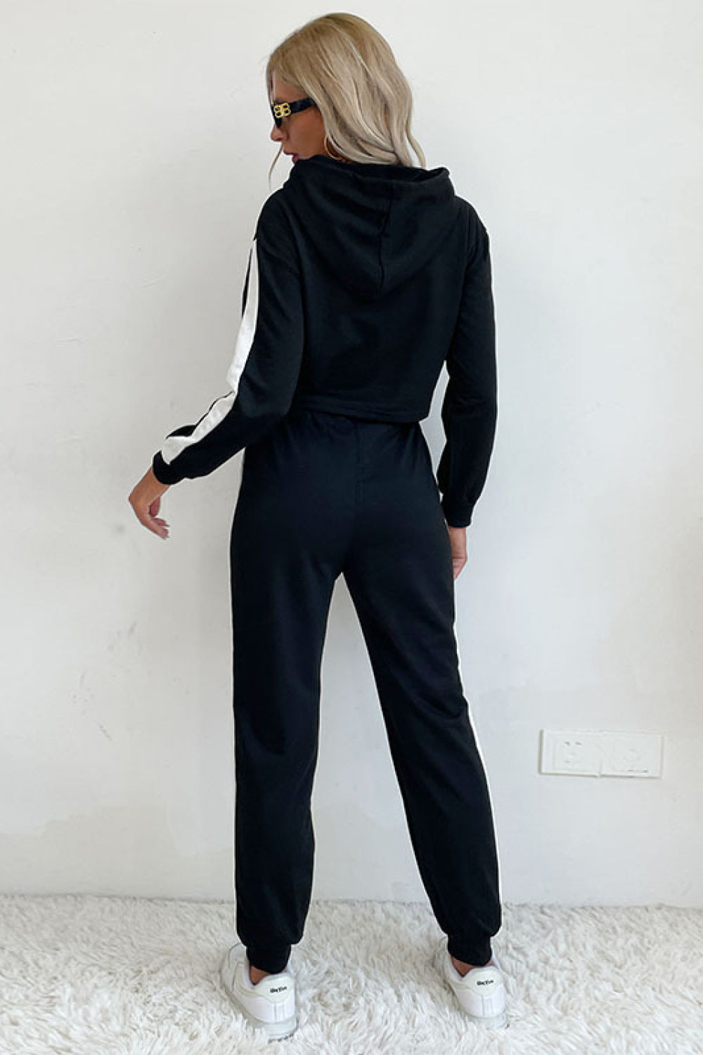 Side Stripe Cropped Hoodie and Jogger Set Pimamour