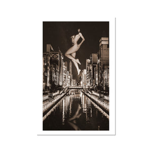 02 - Surreal dreamy poster of the protecting girl / goddess / mermaid floating in the sky over the city, wrapped in the night Chocolate C-Type Print Pimamour Original Pimamour