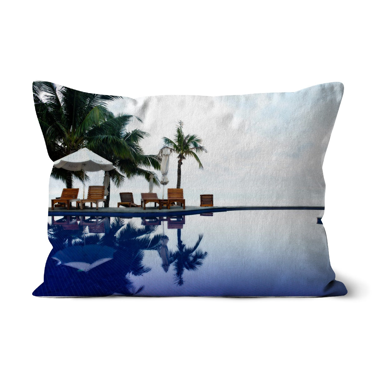 02A The lonely pool, the hidden beach and the palm tree - Dreamy colors fine art photography print - Printed on  Cushion Pimamour Original Pimamour