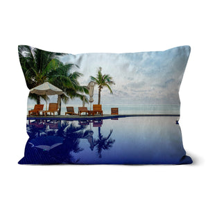 02F The lonely pool, the hidden beach and the palm tree - Cold colors fine art photography print - Printed on  Cushion Pimamour Original Pimamour