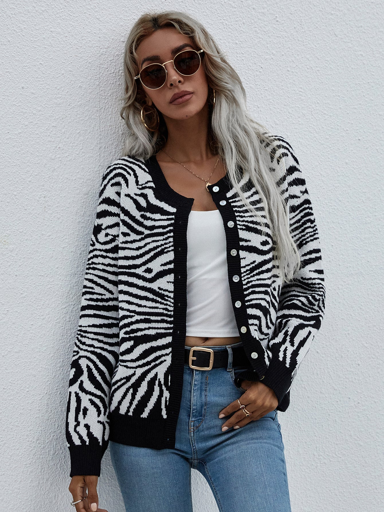 Zebra Print Button Down Cardigan Pimamour