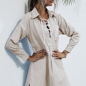 Lace Up Collar Shirt Dress Pimamour