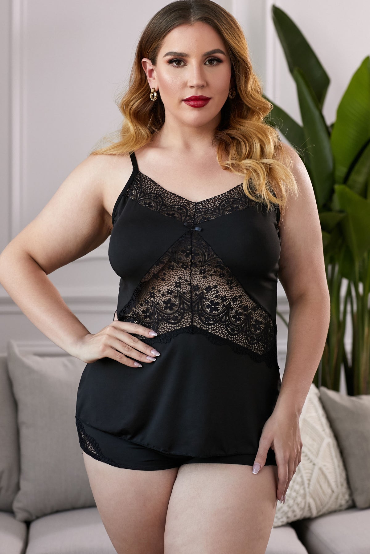 Lace Insert Plus Size Pajamas Set Pimamour